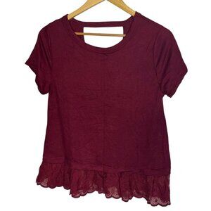 June & Ivy Size S Peplum Lace Trim Blouse Wine Red Romantic Elevated Basic‎ New